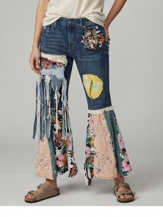 Hand Crafted Denim - Artisan Upcycled Scrappy Denim Boho Jeans Size 32